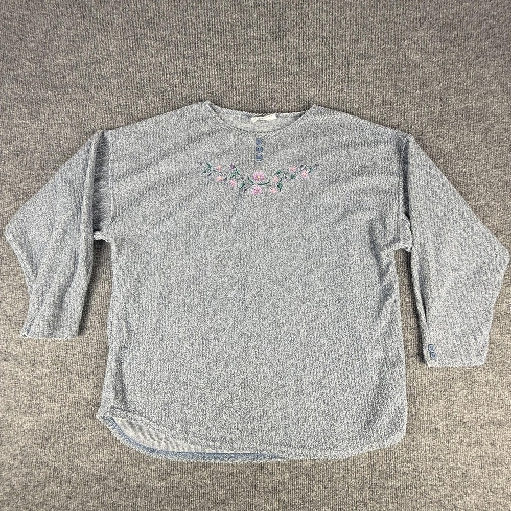 Artisans Sweater Womens Large Blue Floral Embroidered Henley Knit USA Top